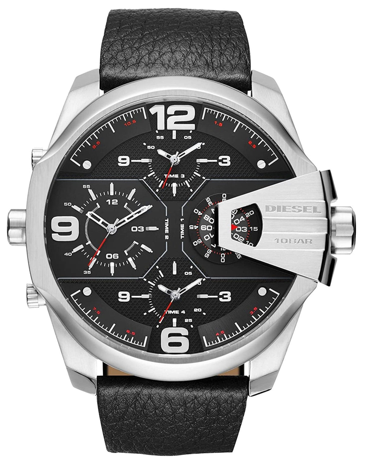 Diesel DZ7376 Uber Chief Oversized 4-Time Men's Watch – Black Dial & Black Leather Strap